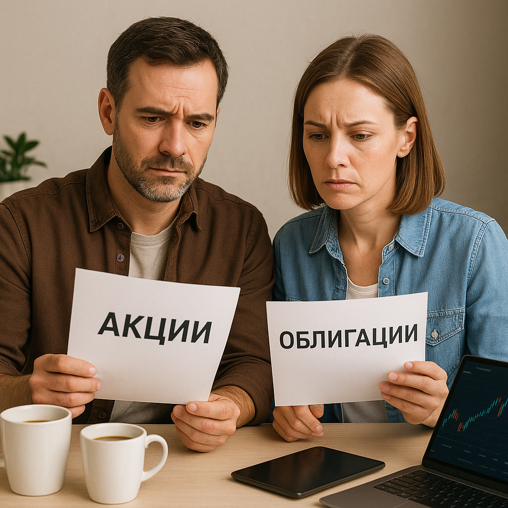 Молодая пара изучает разницу между облигациями и акциями