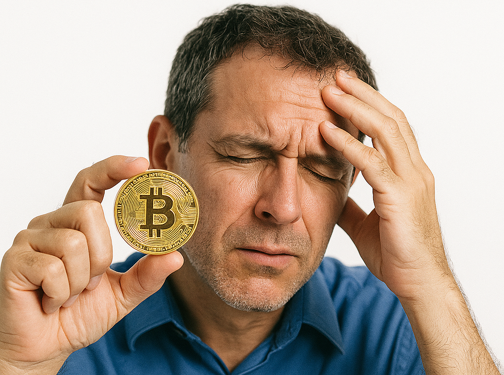 Мужчина с монетой биткоина